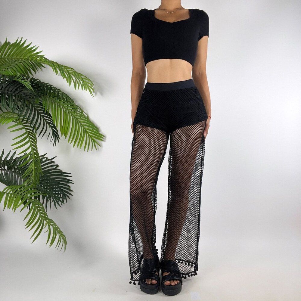 Vintage Black Mesh Crochet Fishnet Wide Leg Beachy Goth Cover Up Pants / Small